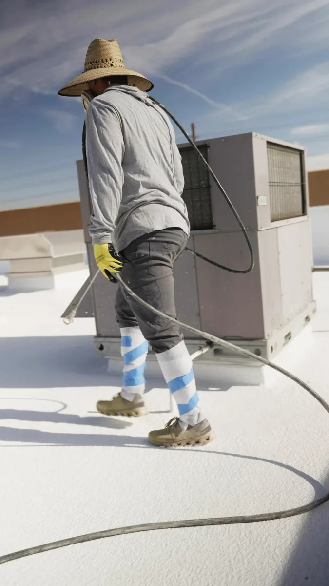 Roofer carrying a spray hose past an HVAC unit on a white-coated flat roof