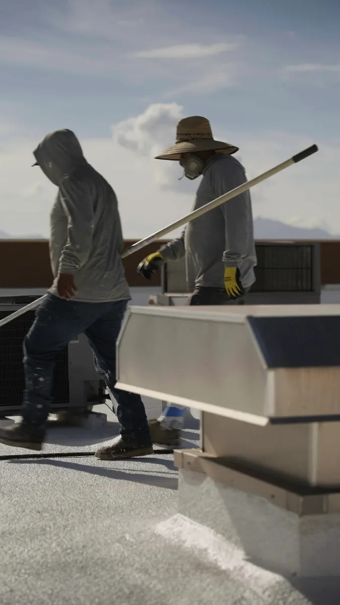 Two roofers carrying a roller pole across a commercial flat roof
