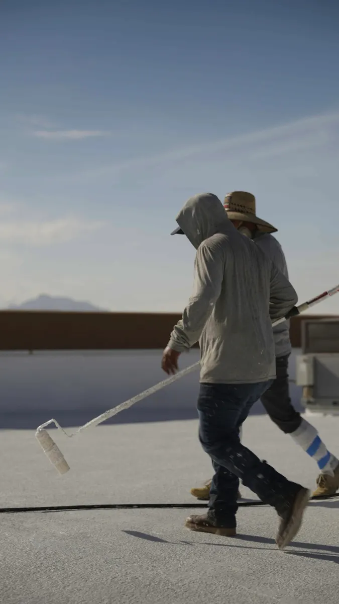 Two roofers working across a flat roof with a long-handled coating roller