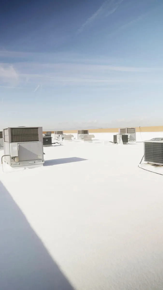 White-coated commercial flat roof with rooftop HVAC units